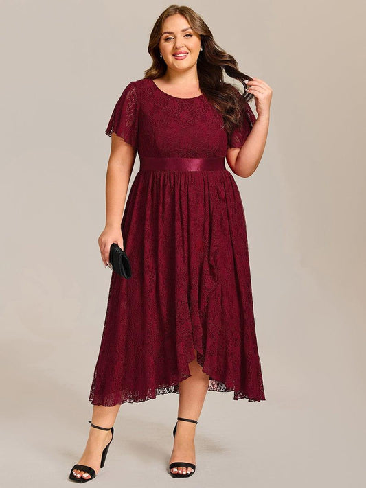 ever SEVYN|Short Sleeve Ruffled Empire Waist Lace Midi Formal Dress