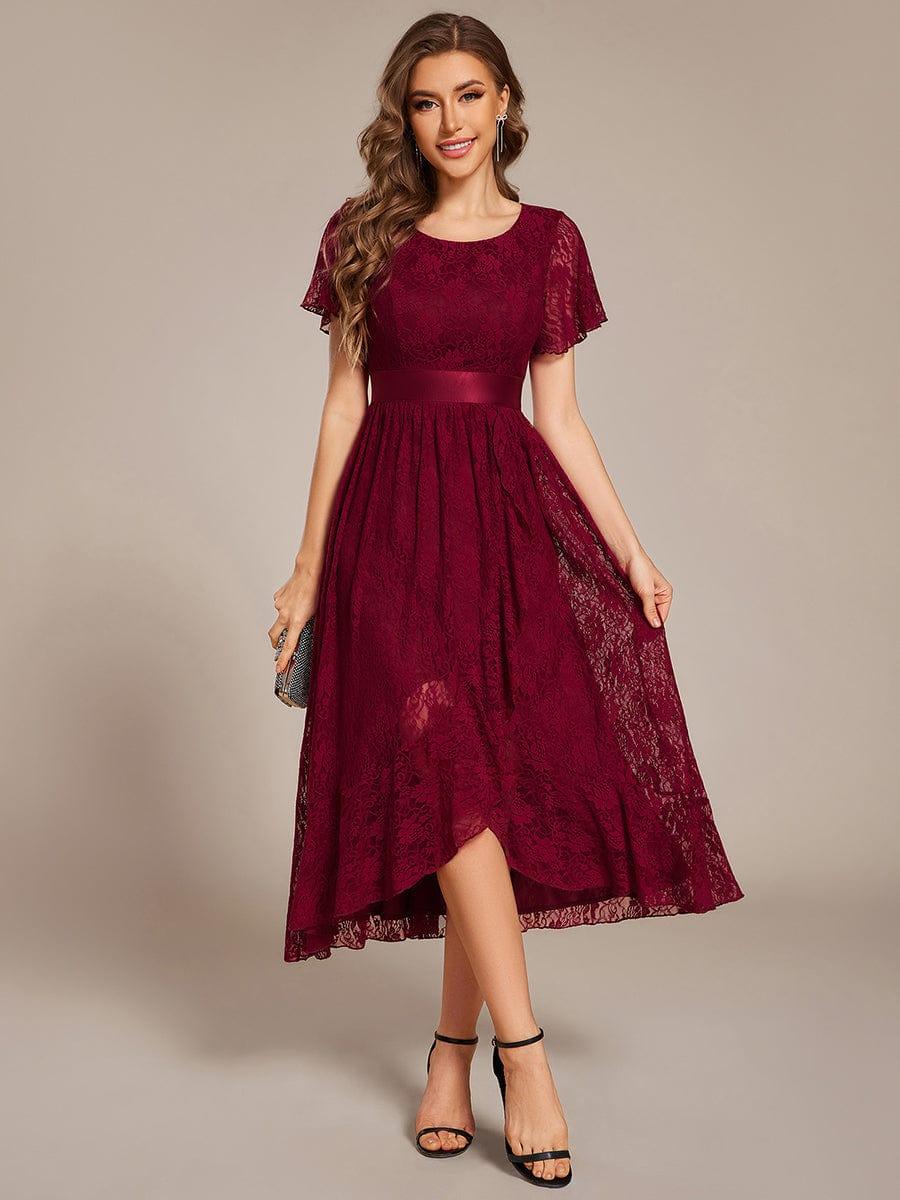 ever SEVYN|Short Sleeve Ruffled Empire Waist Lace Midi Formal Dress