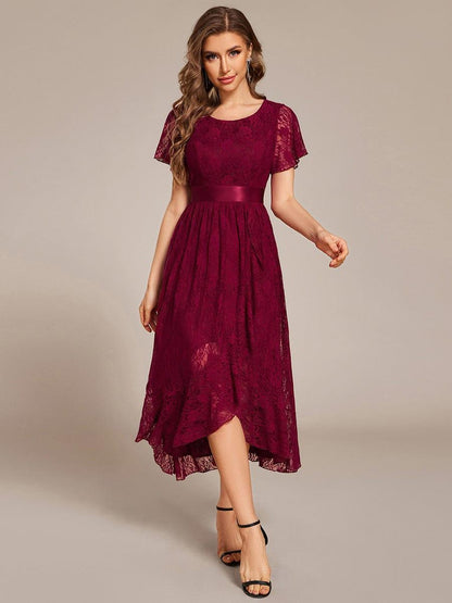 ever SEVYN|Short Sleeve Ruffled Empire Waist Lace Midi Formal Dress