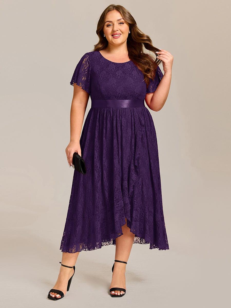 ever SEVYN|Short Sleeve Ruffled Empire Waist Lace Midi Formal Dress