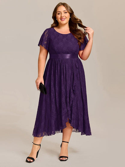 pretty SEVYN|Plus Size Lace Flutter Sleeves Round Neckline Midi Formal Dress