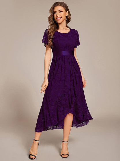 ever SEVYN|Short Sleeve Ruffled Empire Waist Lace Midi Formal Dress