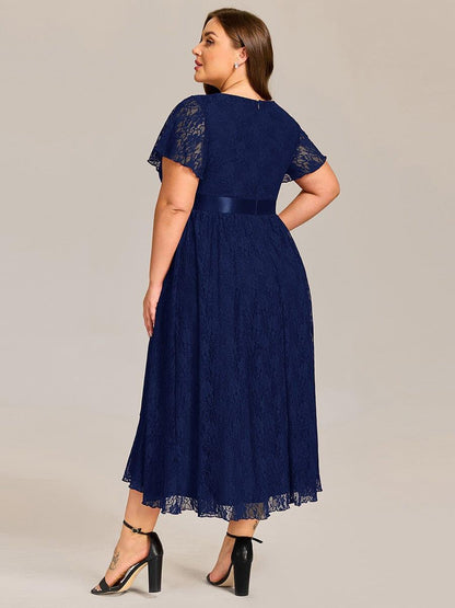 pretty SEVYN|Plus Size Ruffled Sleeve Empire Waist Lace Wedding Guest Dress