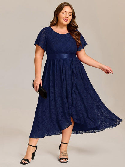 pretty SEVYN|Plus Size Lace Flutter Sleeves Round Neckline Midi Formal Dress