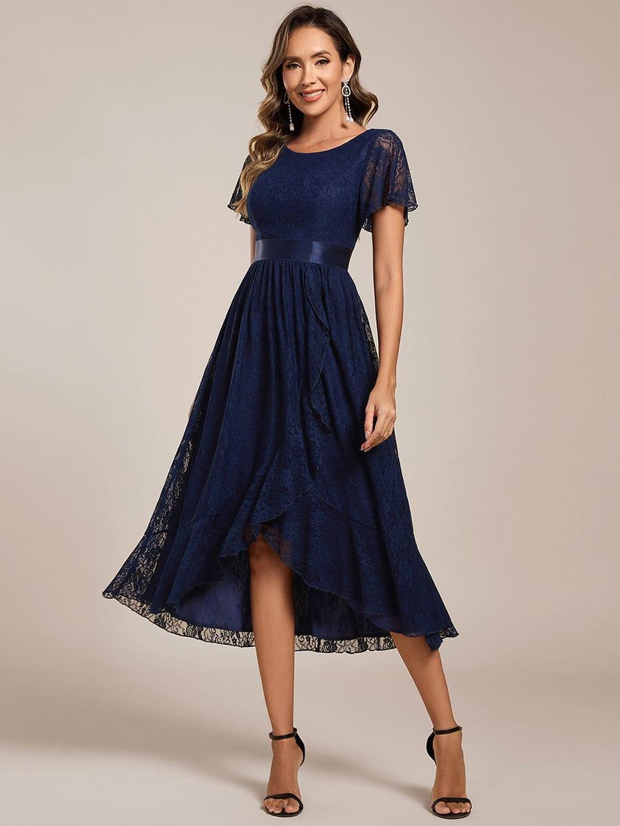 ever SEVYN|Short Sleeve Ruffled Empire Waist Lace Midi Formal Dress