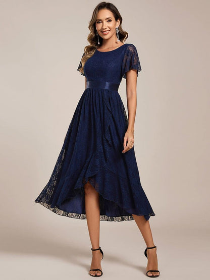 ever SEVYN|Short Sleeve Ruffled Empire Waist Lace Midi Formal Dress