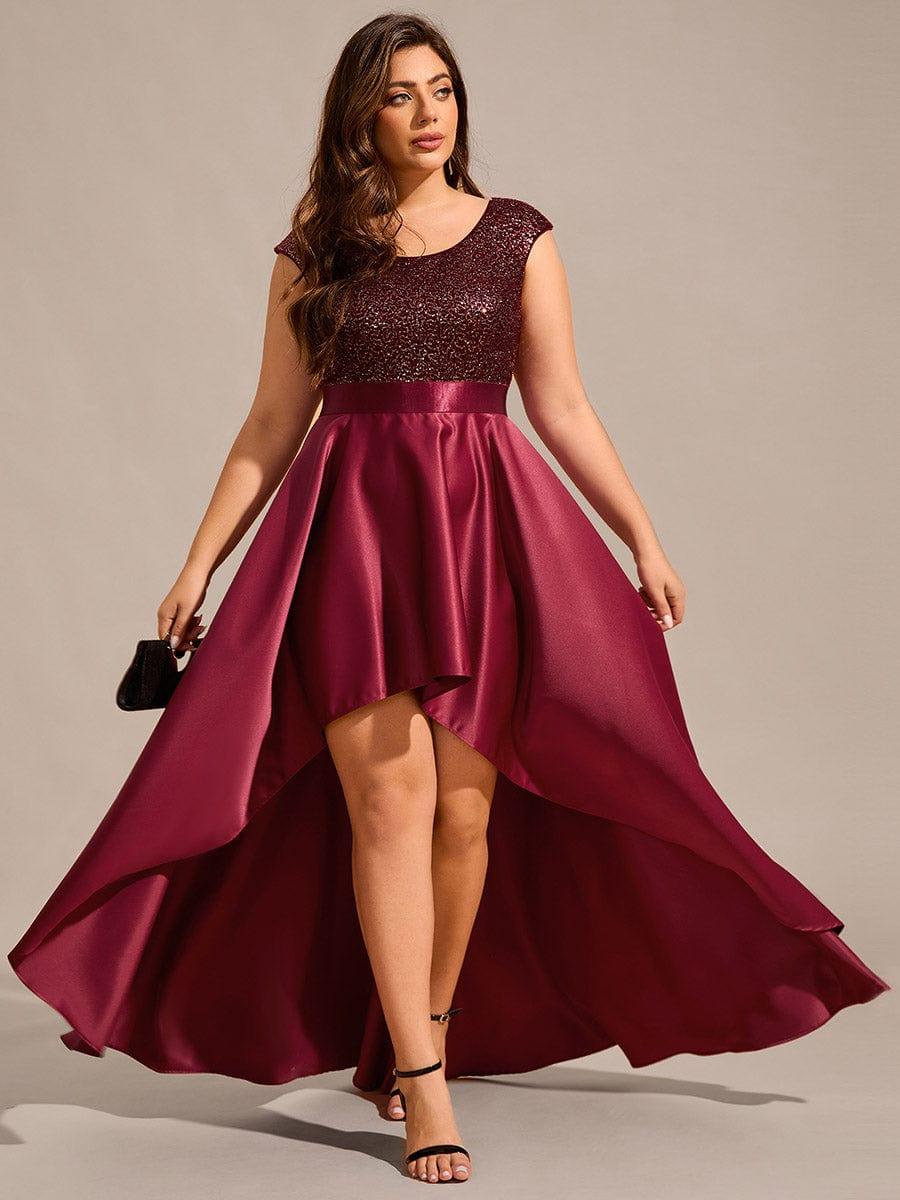 Plus Size Sequin Round Neckline High-Low Satin Formal Evening Dress