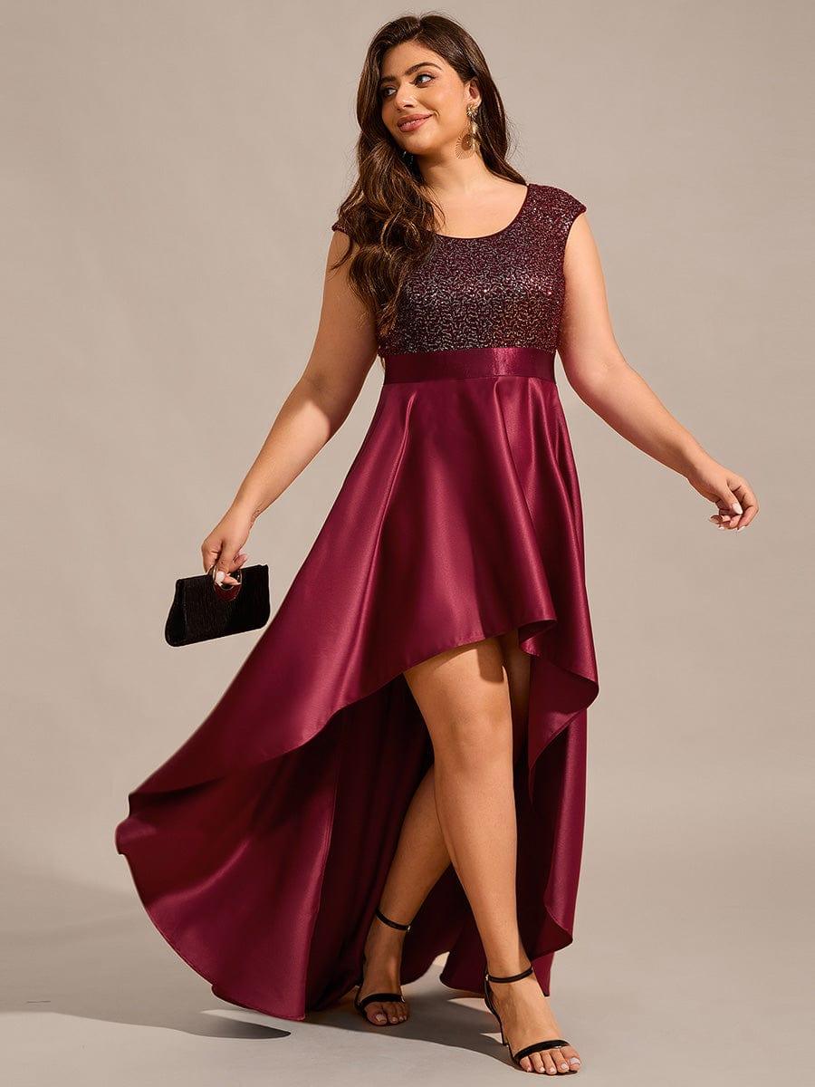 Plus Size Sequin Round Neckline High-Low Satin Formal Evening Dress