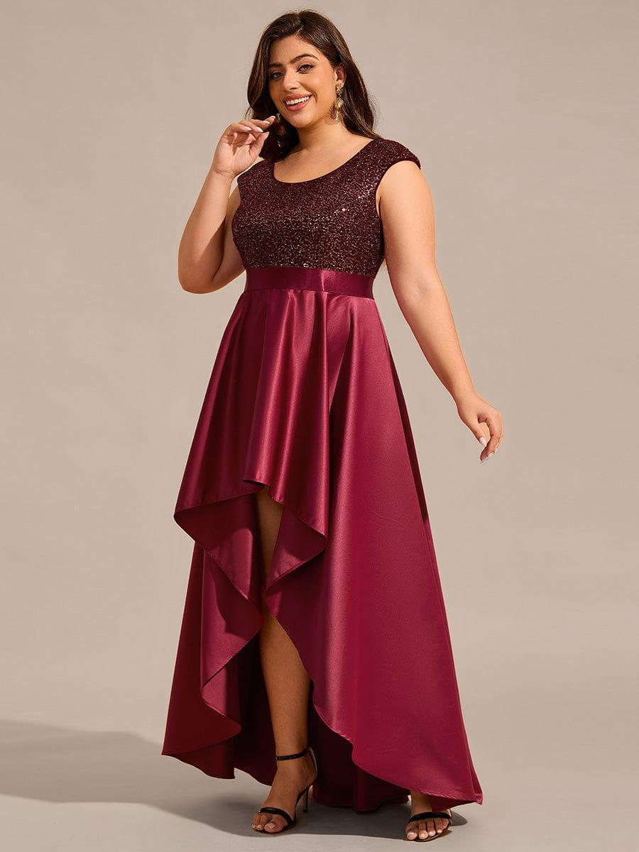 Plus Size Sequin Round Neckline High-Low Satin Formal Evening Dress