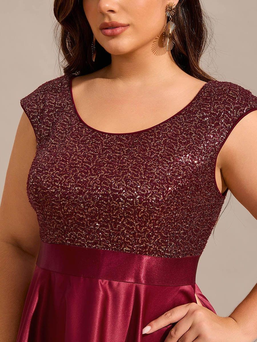 Plus Size Sequin Round Neckline High-Low Satin Formal Evening Dress