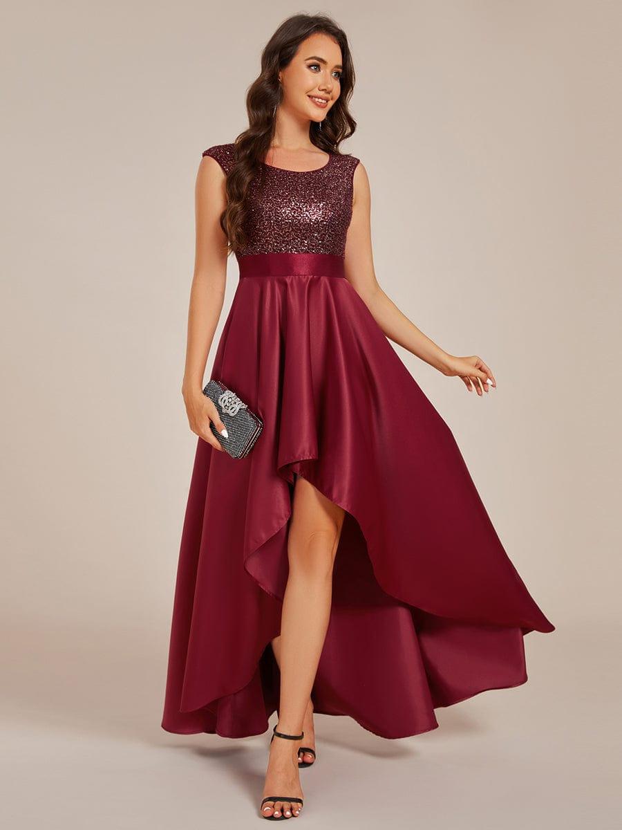 Sleeveless Sequin Top High-Low Formal Evening Dress with Satin