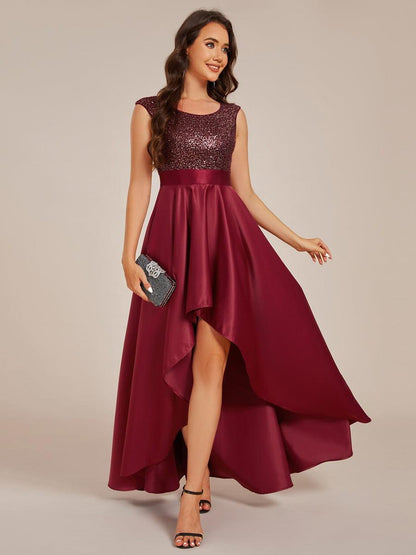 Sleeveless Sequin Top High-Low Formal Evening Dress with Satin