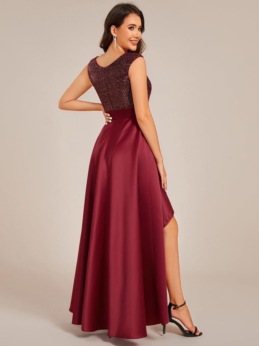 Sleeveless Sequin Top High-Low Formal Evening Dress with Satin
