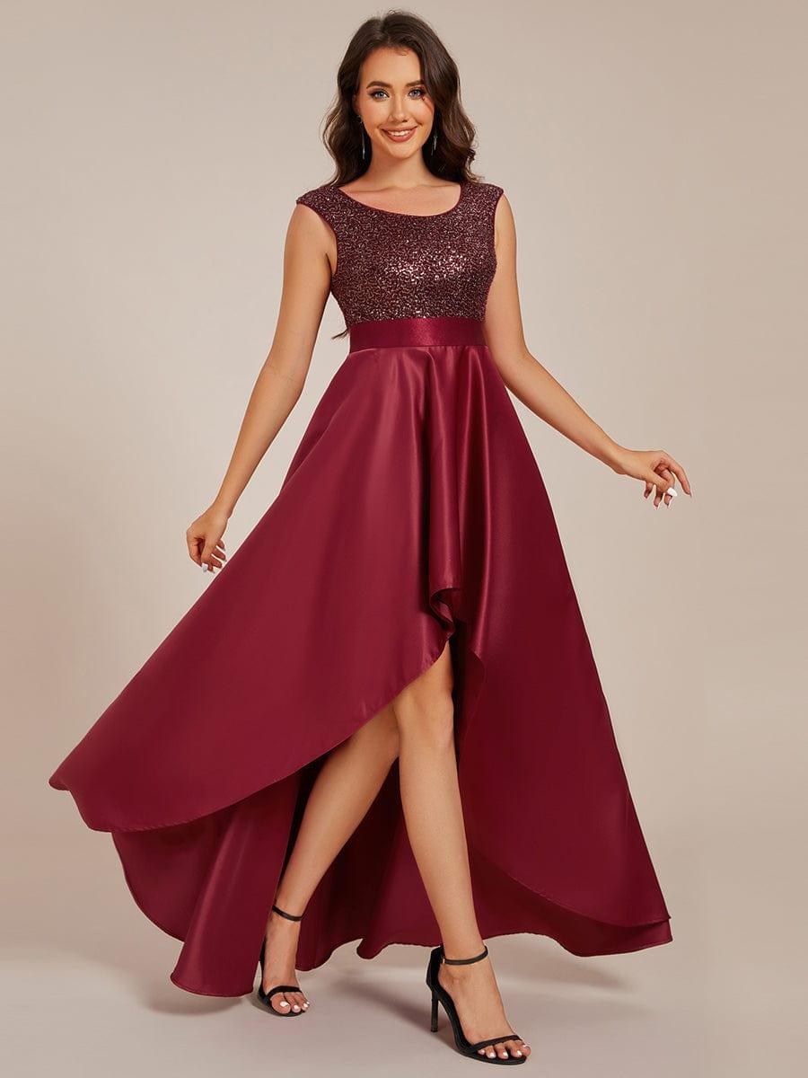 Sleeveless Sequin Top High-Low Formal Evening Dress with Satin
