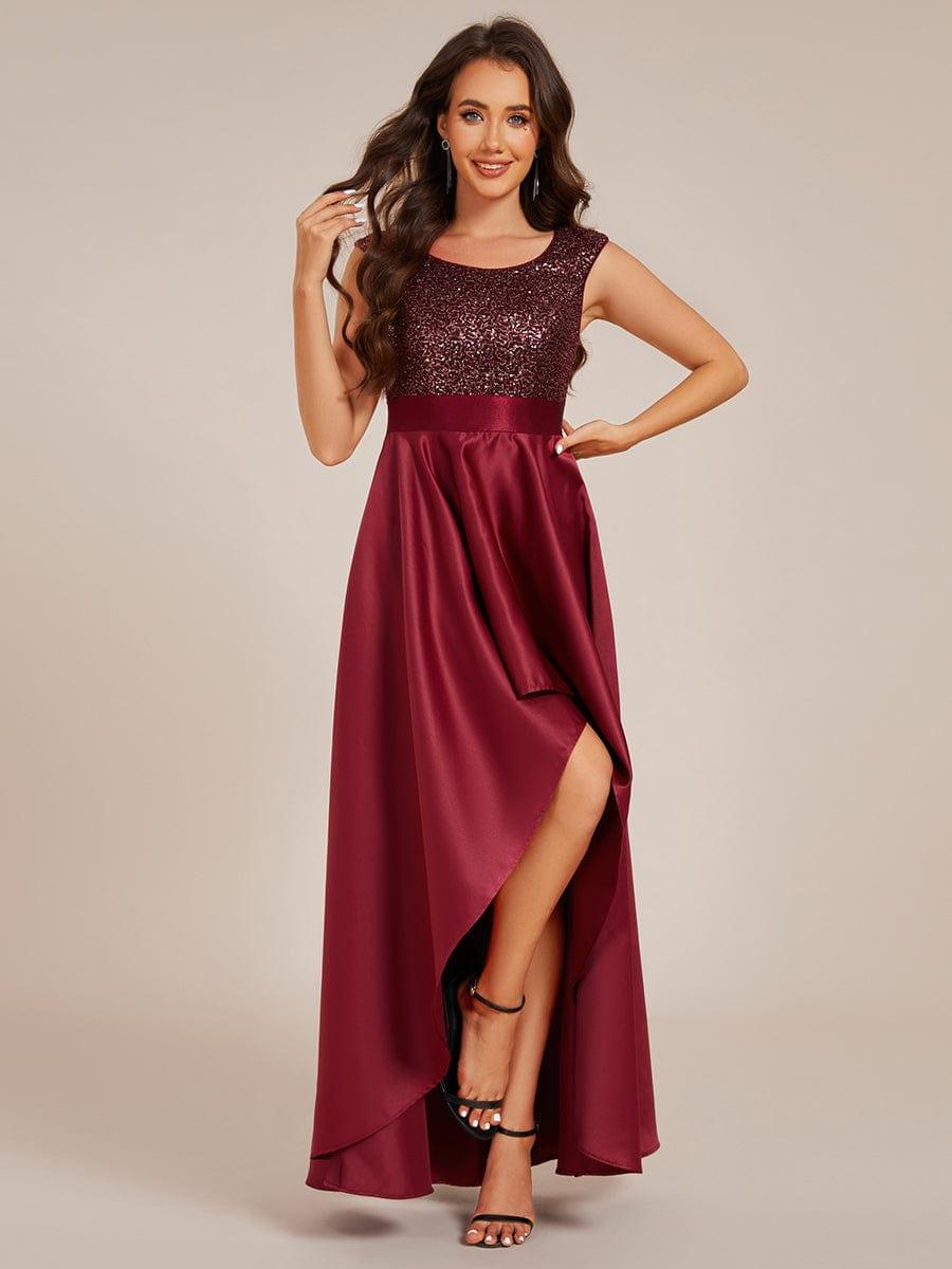 Sleeveless Sequin Top High-Low Formal Evening Dress with Satin