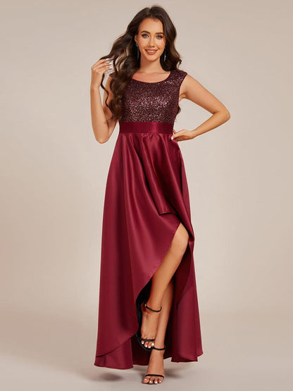 Sleeveless Sequin Top High-Low Formal Evening Dress with Satin