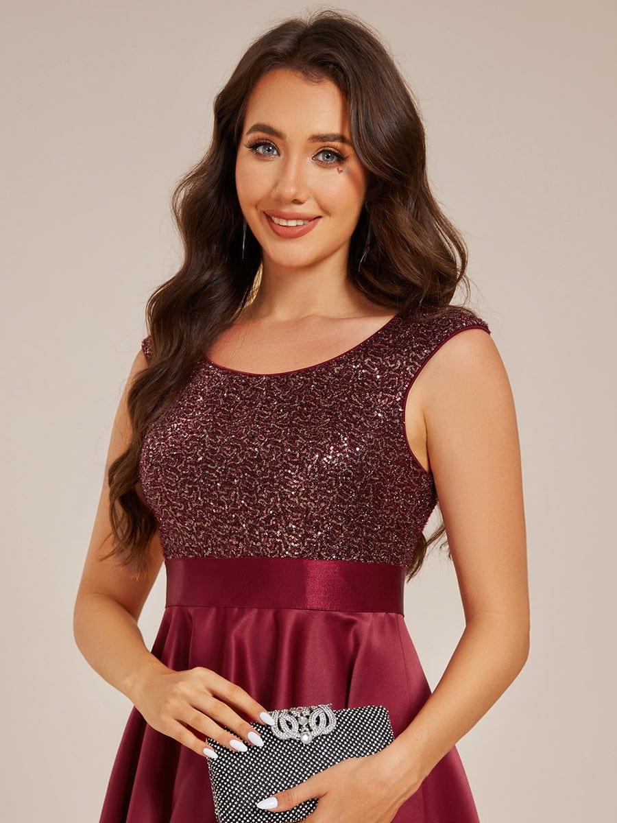 Sleeveless Sequin Top High-Low Formal Evening Dress with Satin