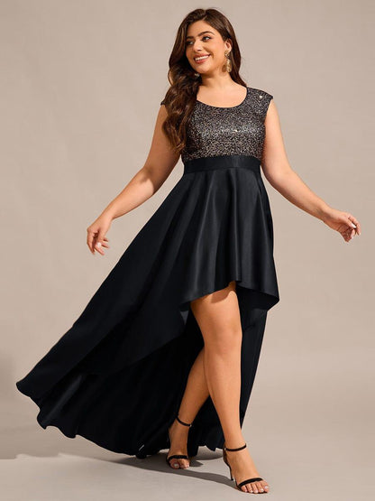Sleeveless Sequin Top High-Low Formal Evening Dress with Satin