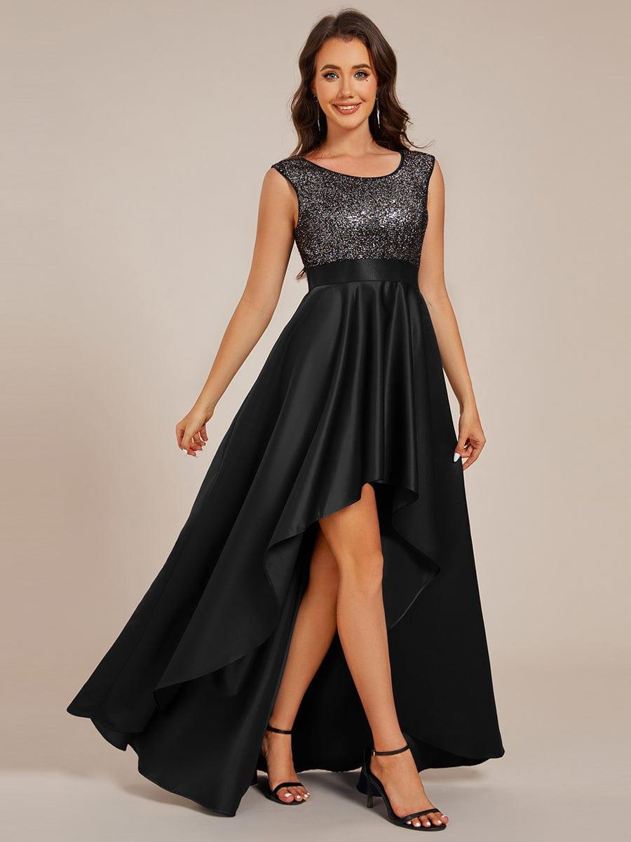 Sleeveless Sequin Top High-Low Formal Evening Dress with Satin