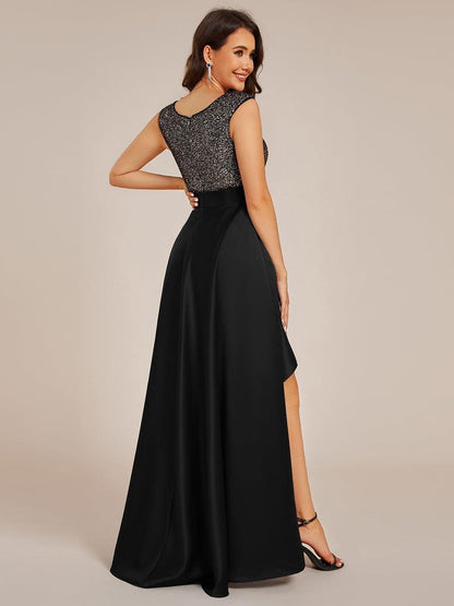 Sleeveless Sequin Top High-Low Formal Evening Dress with Satin