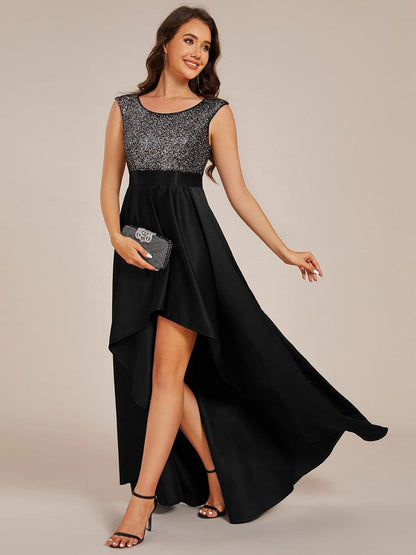 Sleeveless Sequin Top High-Low Formal Evening Dress with Satin