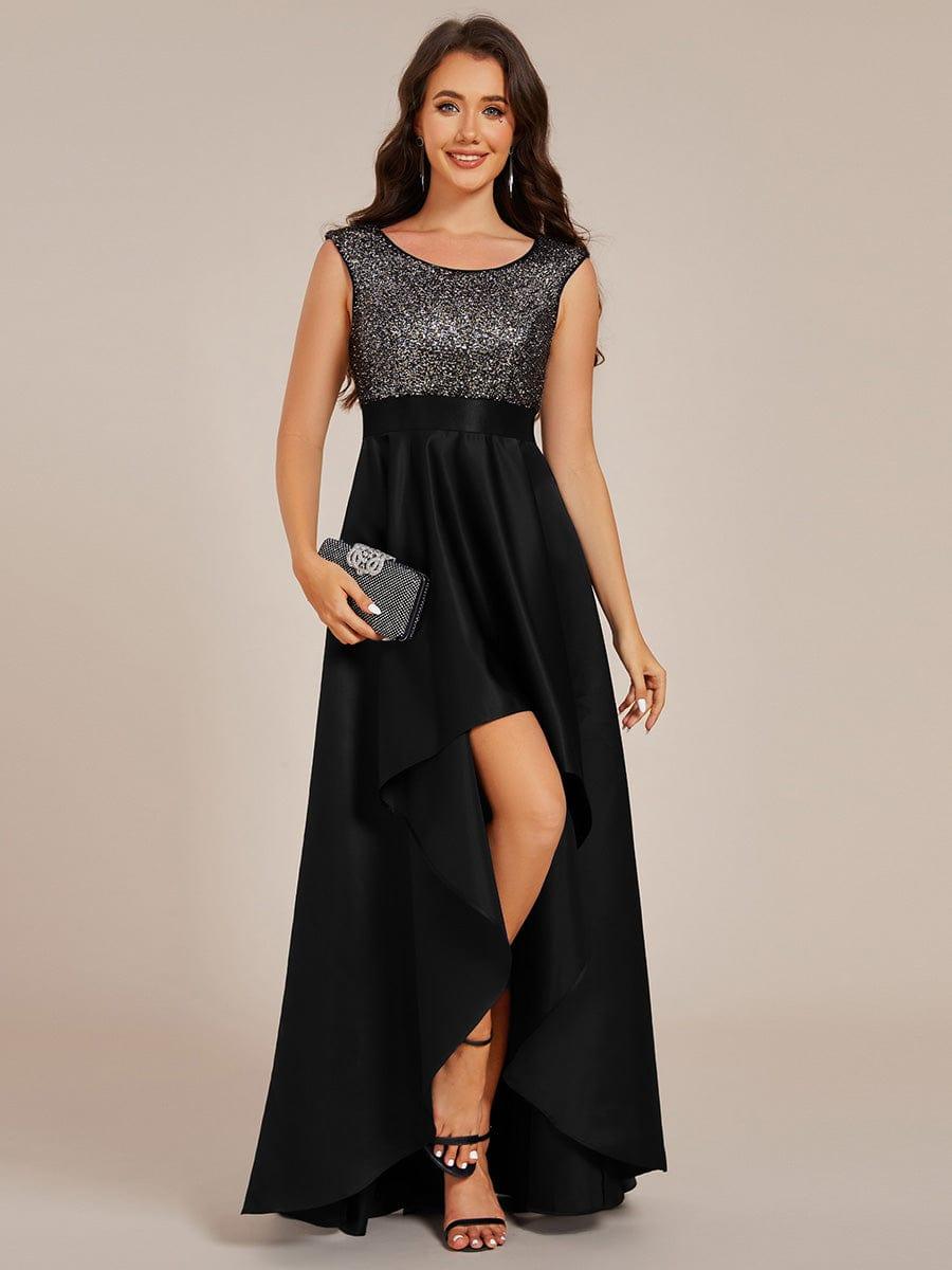 Sleeveless Sequin Top High-Low Formal Evening Dress with Satin