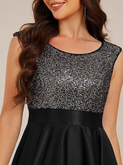 Sleeveless Sequin Top High-Low Formal Evening Dress with Satin