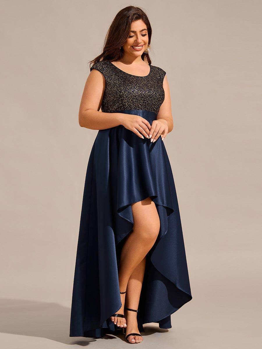 Plus Size Sequin Round Neckline High-Low Satin Formal Evening Dress