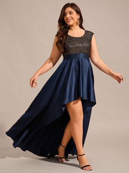 Sleeveless Sequin Top High-Low Formal Evening Dress with Satin