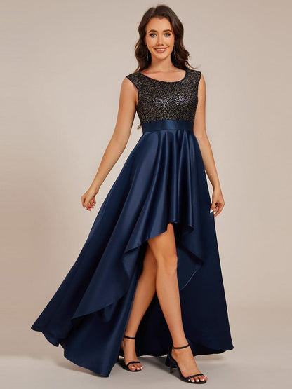 Sleeveless Sequin Top High-Low Formal Evening Dress with Satin