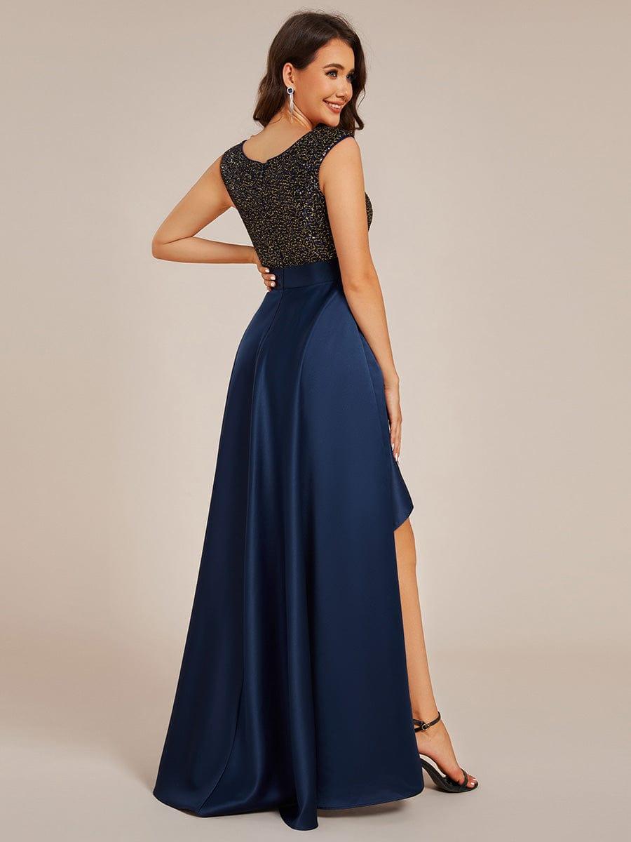 Sleeveless Sequin Top High-Low Formal Evening Dress with Satin