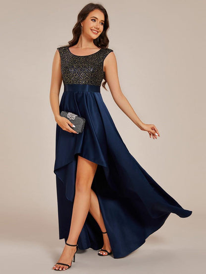 Sleeveless Sequin Top High-Low Formal Evening Dress with Satin