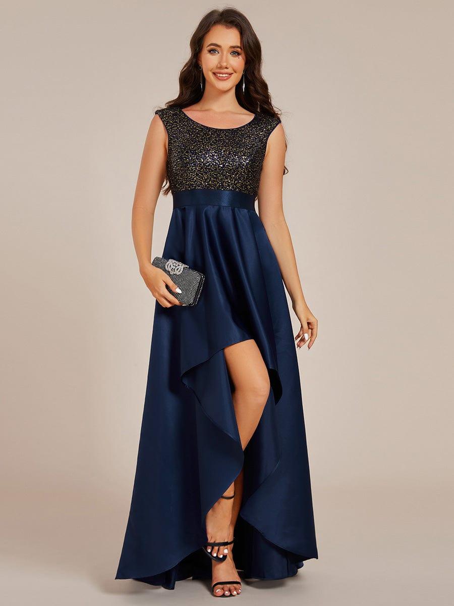Sleeveless Sequin Top High-Low Formal Evening Dress with Satin