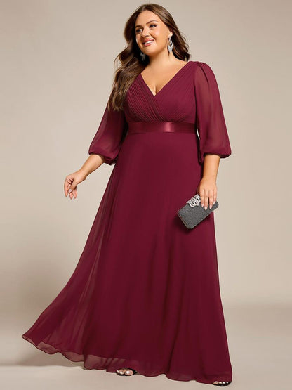 pretty OLIVIA|Plus Size Empire Waist Pleated Chiffon Long Sleeves Formal Evening Dress