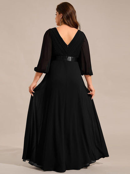 pretty OLIVIA|Plus Size Empire Waist Pleated Chiffon Long Sleeves Formal Evening Dress