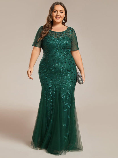 pretty JADEN|Floral Sequin Print Plus Size Mermaid Tulle Evening Dress