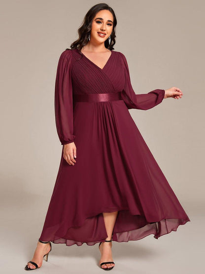 pretty KEYLA|Plus Size A-Line Long Sleeve Chiffon Pleated Formal Dress