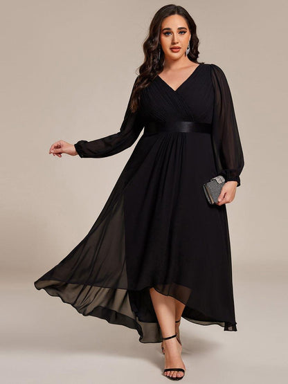 pretty KEYLA|Plus Size A-Line Long Sleeve Chiffon Pleated Formal Dress