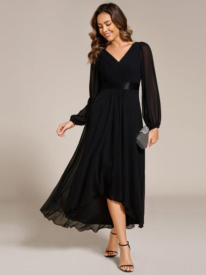 ever KEYLA|Long Sleeve A Line Chiffon Pleated Asymmetrical Hem Formal Dress