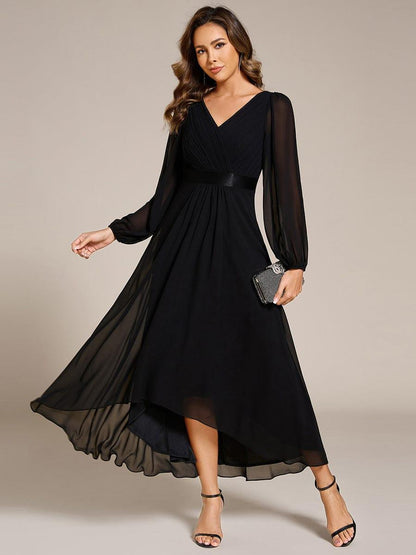 ever KEYLA|Long Sleeve A Line Chiffon Pleated Asymmetrical Hem Formal Dress
