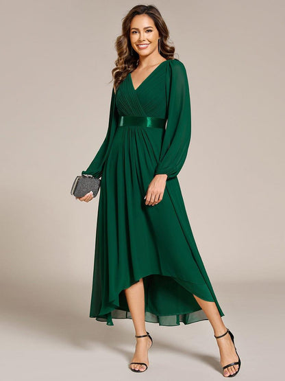 ever KEYLA|Long Sleeve A Line Chiffon Pleated Asymmetrical Hem Formal Dress