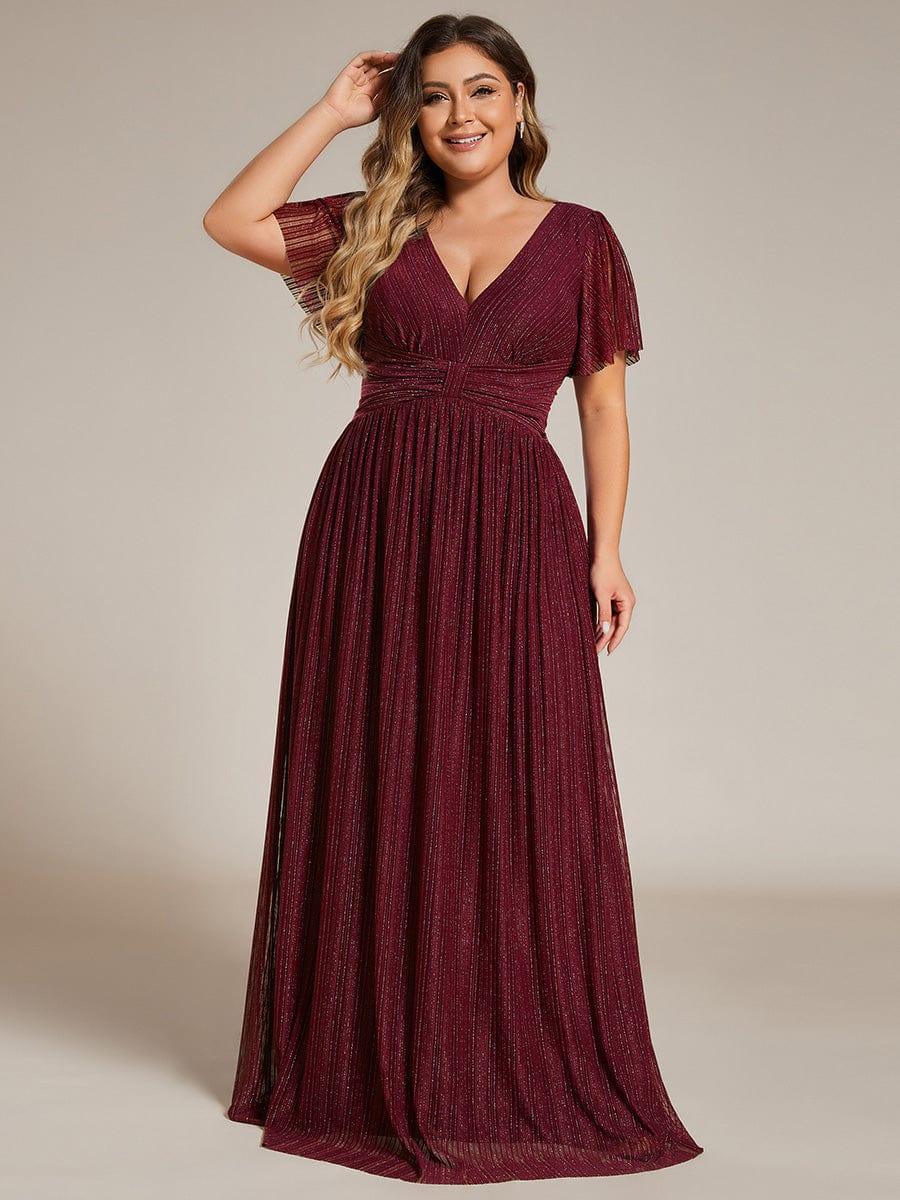 pretty DAPHNE|Plus Size V-Neck Glittery Short Sleeves Formal Evening Dress with Empire Waist