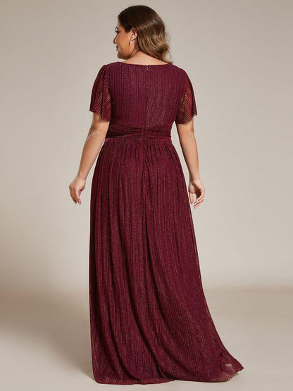 pretty DAPHNE|Plus Size V-Neck Glittery Short Sleeves Formal Evening Dress with Empire Waist