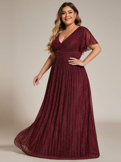 pretty DAPHNE|Plus Size V-Neck Glittery Short Sleeves Formal Evening Dress with Empire Waist