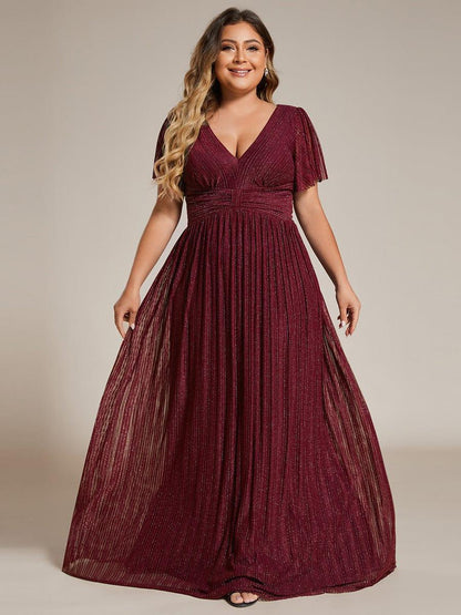 pretty DAPHNE|Plus Size V-Neck Glittery Short Sleeves Formal Evening Dress with Empire Waist