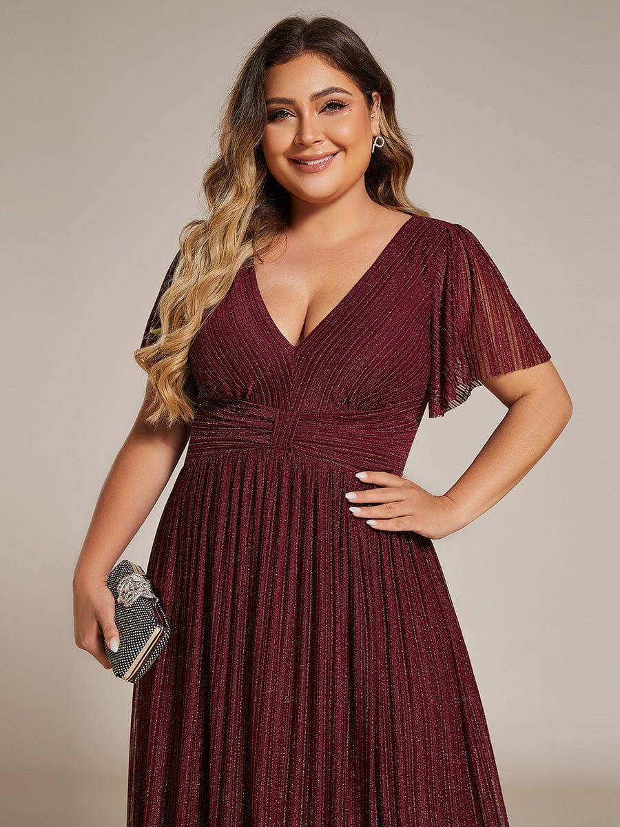 pretty DAPHNE|Plus Size V-Neck Glittery Short Sleeves Formal Evening Dress with Empire Waist