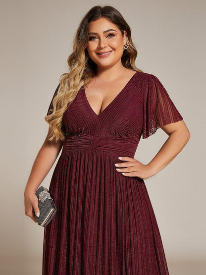 pretty DAPHNE|Plus Size V-Neck Glittery Short Sleeves Formal Evening Dress with Empire Waist