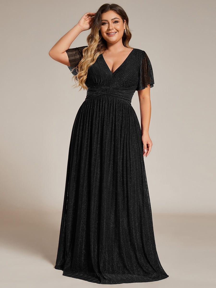 pretty DAPHNE|Plus Size V-Neck Glittery Short Sleeves Formal Evening Dress with Empire Waist