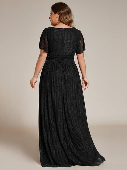 pretty DAPHNE|Plus Size V-Neck Glittery Short Sleeves Formal Evening Dress with Empire Waist