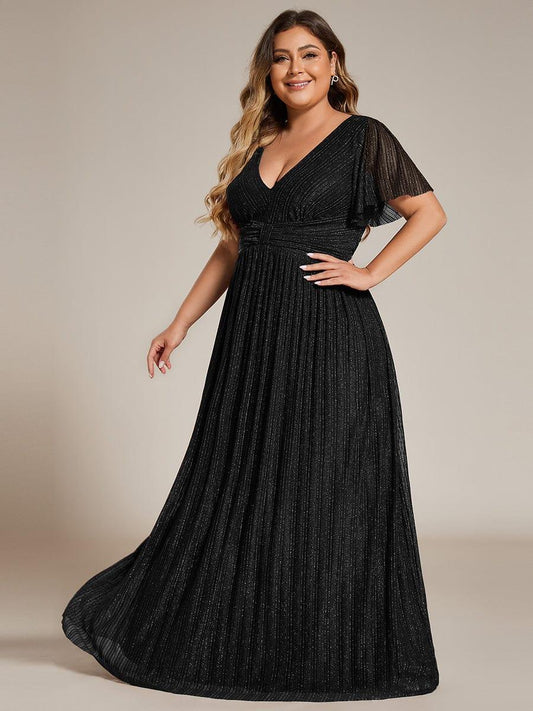 pretty DAPHNE|Plus Size V-Neck Glittery Short Sleeves Formal Evening Dress with Empire Waist
